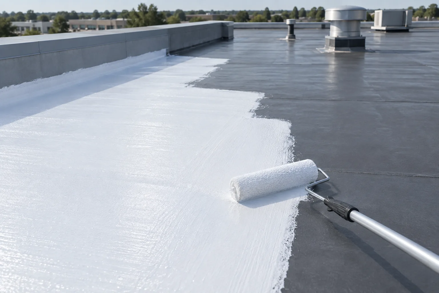AI-generated illustration of a roller applying white coating to a prepared commercial roof