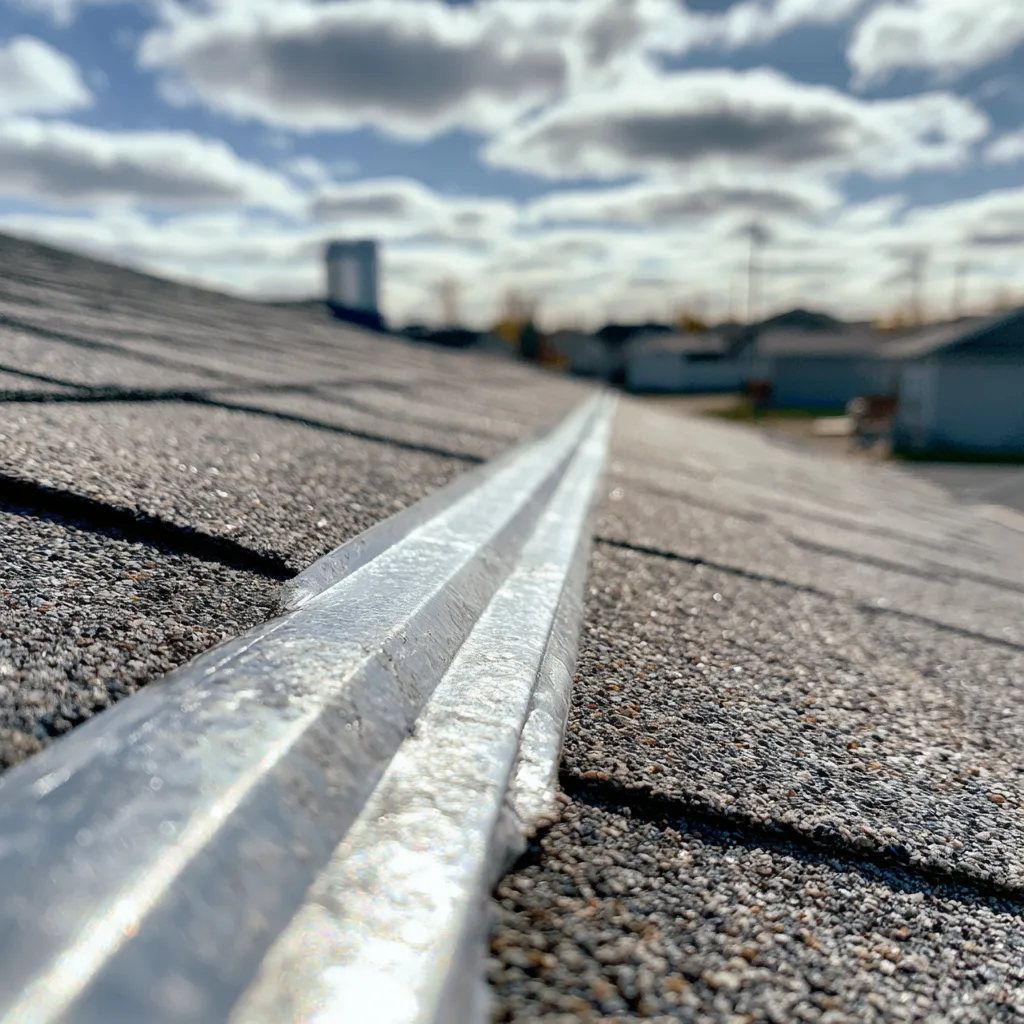 Raised metal flashing strip running across a granular shingle roof